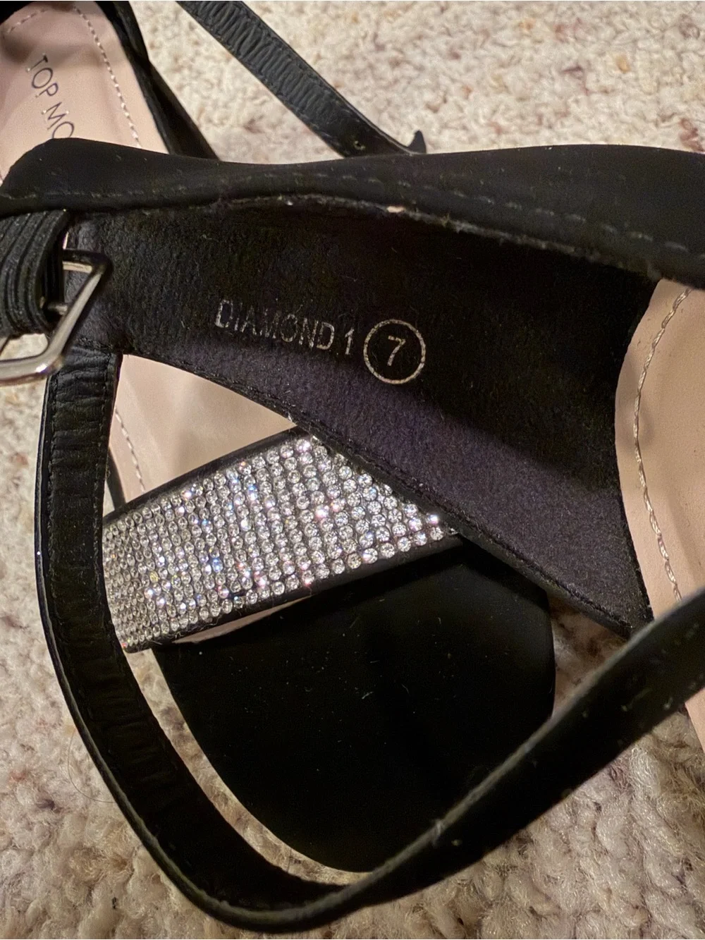 TOP Moda Black Ankle-Strap Heels with Rhinestone Front Band